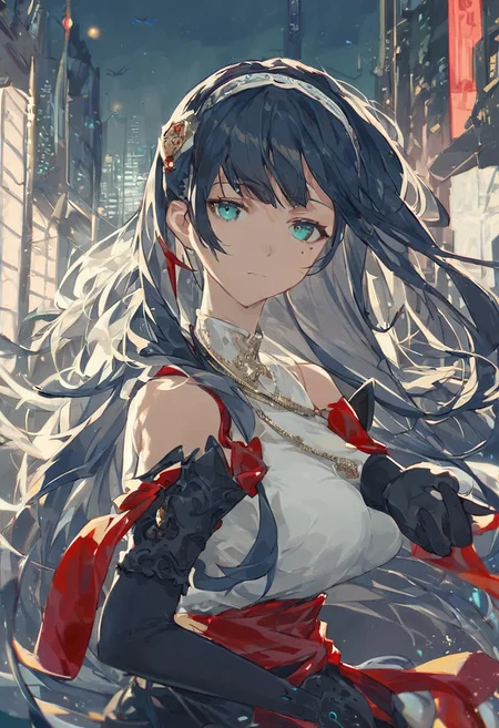 score_9, score_8_up, score_7_up, score_6_up, source_anime, 1girl, solo, <lora:cantabile-pdxl-nvwls-v1:1> cantabile, dark blue hair, green and blue eyes, mole under eye, very long hair, hair ornament, hairband, necklace, white shirt, sleeveless shirt, red-blue dress, red sash, black gloves, elbow gloves, black thighhighs, upper body, looking at you, expressionless, night, city, portrait, large breasts