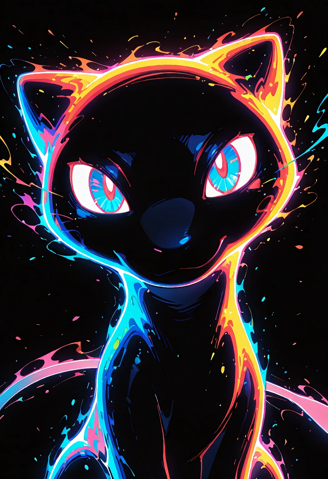 masterpiece,mew, limited palette, black background, colorful, vibrant,glowing outline, (neon:1.2), blacklight ,very aesthetic, look at the viewer, smirk,