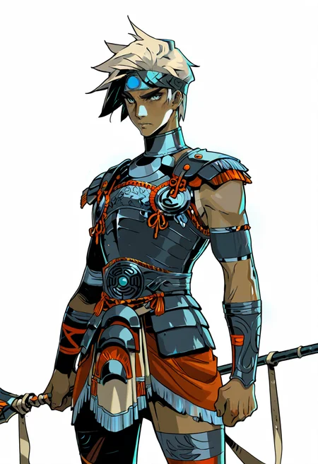 <lora:illustriousXLv01_stabilizer_v1.165c:0.5>, <lora:Hades_Style_FLUX:1>, lazypos, cowboy shot, white background, 1boy, solo, tan skin, dark skin, warrior sleeveless, chestplate, headband, spear, holding spear, weapon, holding, short hair, serious, looking at viewer