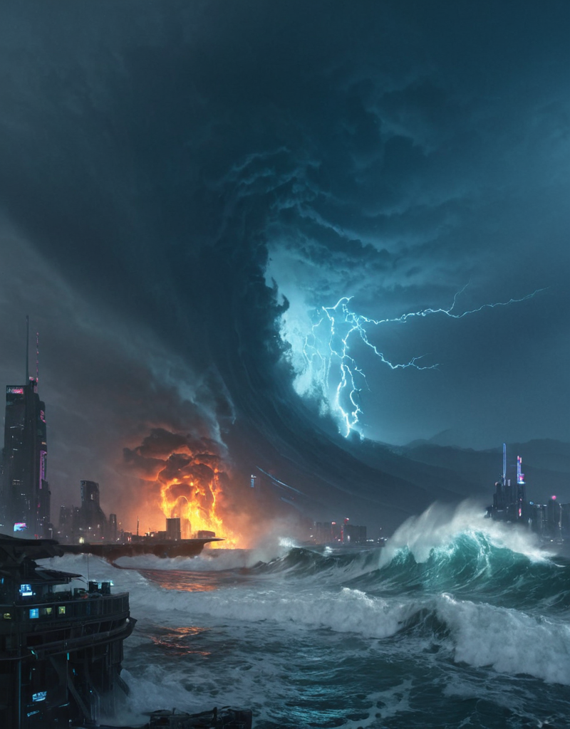 <lora:Space_Worlds_01__Poetic_xl:0.7> sw01p_xl, cyberpunk giant waves, lots of wind, fire storm,