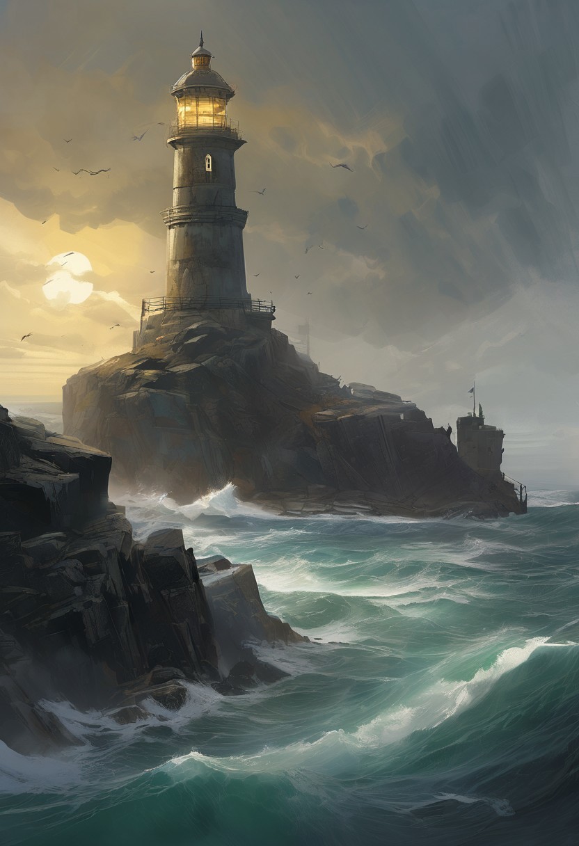 Warframe, a multi-tiered lighthouse built on a rugged, rocky island. The lighthouse is made of bricks and weathered stone, with multiple levels and a tall cylindrical tower topped by a small, dark lantern room. The structure is surrounded by a network of walkways and platforms, some of which extend out over the turbulent sea. A metal bridge connect the rock to the main land. The sky above is stormy, filled with thick, gray clouds that create a moody atmosphere. The ocean waves crash against the rocks and the lighthouse, with white foam and spray visible. Several seagulls are scattered throughout the scene. The overall composition creates a sense of solitude and stillness. Painterly strokes layer depth as the lighthouse stands against John Blanche and Ian McQue's vision. Deep visual storytelling unfolds in this highly stylized setting, trending on ArtStation. Rich dystopian color palette casts shadows across a hyper-layered landscape.