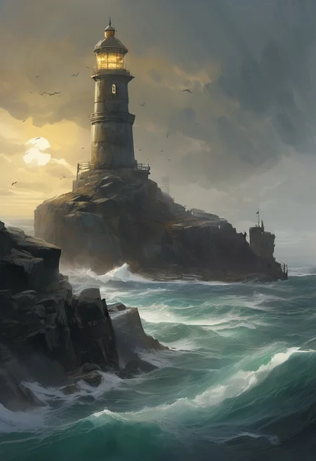 Warframe, a multi-tiered lighthouse built on a rugged, rocky island. The lighthouse is made of bricks and weathered stone, with multiple levels and a tall cylindrical tower topped by a small, dark lantern room. The structure is surrounded by a network of walkways and platforms, some of which extend out over the turbulent sea. A metal bridge connect the rock to the main land. The sky above is stormy, filled with thick, gray clouds that create a moody atmosphere. The ocean waves crash against the rocks and the lighthouse, with white foam and spray visible. Several seagulls are scattered throughout the scene. The overall composition creates a sense of solitude and stillness. Painterly strokes layer depth as the lighthouse stands against John Blanche and Ian McQue's vision. Deep visual storytelling unfolds in this highly stylized setting, trending on ArtStation. Rich dystopian color palette casts shadows across a hyper-layered landscape.