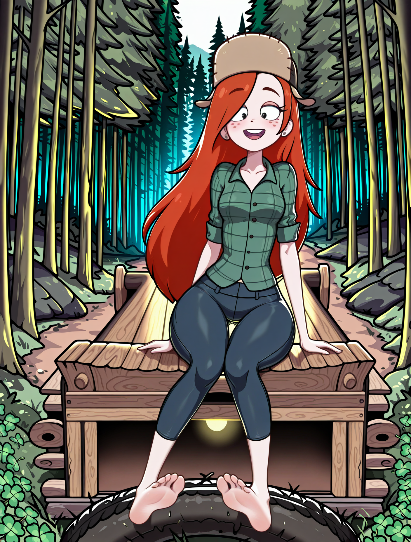 masterpiece, best quality, very aesthetic, absurdres, highres, w_g_f, 1girl, solo, full body, ginger hair, pupils black dots, black eyes, freckles, gray earrings, fur hat, green flannel shirt, skin tight blue denim pants, sexy look, gorgeous face, (five anatomically correct toes), perfect toes, nailtoes, feet, (by nekoda (maoda):0.7), perfect soles, (happy expression), (curl mascara:0.4), perfect anatomy, porcelain pale skin, thick thighs, wide hips, toned calves, thigh gap, (sitting on tire swing), holding clover leaf, anatomically curvaceous pear-formed-bubble-butt , beautiful stunning scene, (forest cabin:1.5)