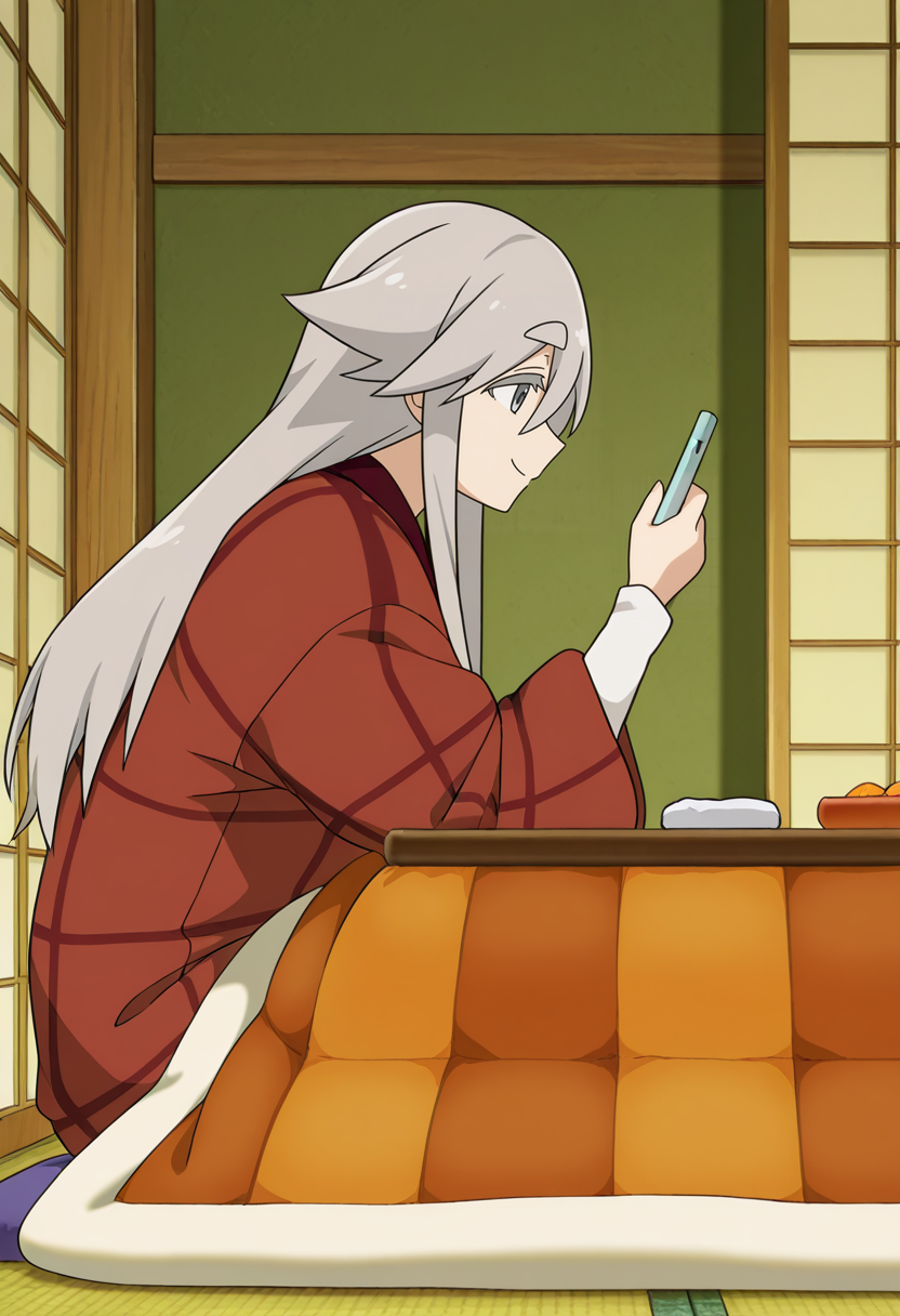<lora:Haruno AKIYAMA_Illustrious-000038:1>,
Haruno AKIYAMA,phone,solo,kotatsu,table,tatami,zabuton,sitting,cushion,indoors,smile,thick eyebrows,long sleeves,pillow,sliding doors,profile,from side,grey eyes