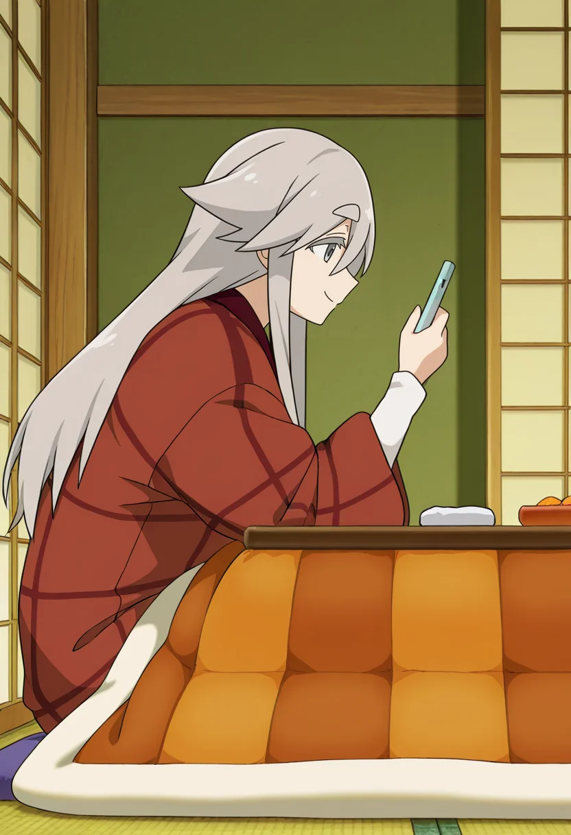 <lora:Haruno AKIYAMA_Illustrious-000038:1>,
Haruno AKIYAMA,phone,solo,kotatsu,table,tatami,zabuton,sitting,cushion,indoors,smile,thick eyebrows,long sleeves,pillow,sliding doors,profile,from side,grey eyes