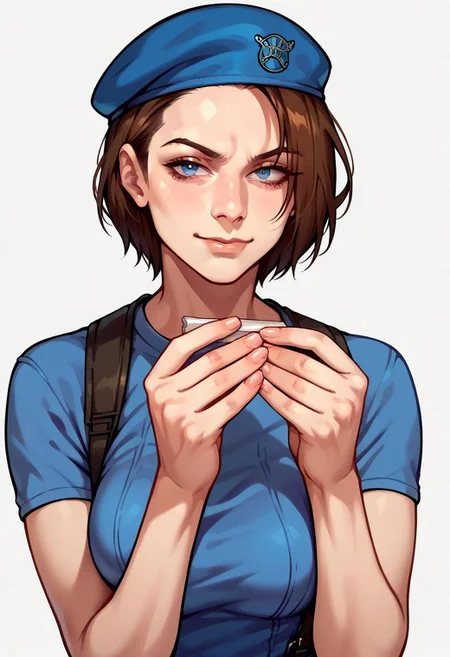 score_9, score_8_up, score_7_up, score_6_up, source_anime BREAK 1girl, jill valentine, short brown hair, blue beret, blue shirt, short sleeves, l1ckp4p3r, smirk,