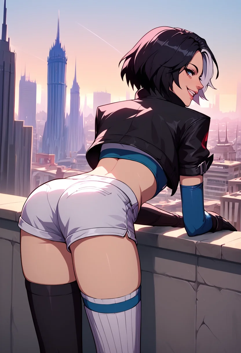 score_9, score_8_up, score_7_up,score_6_up, source_anime,g4n1m3, <lora:g4n1m3XLP:1>
BREAK
lunasnow,black hair, two-tone hair,smirk, cropped jacket, midriff, white shorts,thighhighs,balcony, city, standing, bent over, back view, ass focus, gloves, asymmetrical legwear, <lora:lunasnow-08:0.8>
