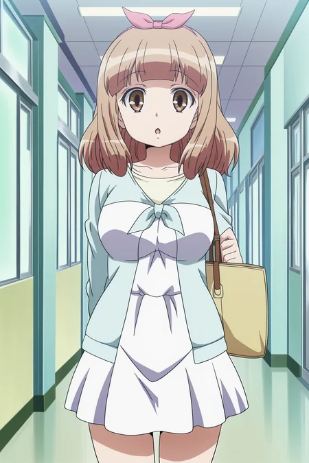 anime coloring, anime screencap, masterpiece, best quality, amazing quality,
in a school hallway,
<lora:Yū_Naruse_WataMote_No_Matter_How_I_Look_At_It_Its_You_Guys_Fault_Im_Not_Popular:1>
Yu blue and white dress outfit, Yu Naruse, 1girl, solo, bag, handbag, brown eyes, brown hair, casual, :o, cowboy shot, looking at the viewer, hair bow