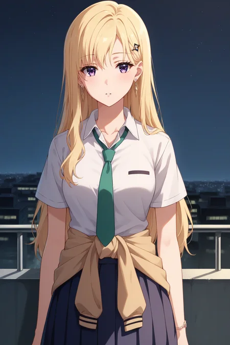 score_9, score_8_up, score_7_up, source_anime, 1girl, prefect lighting, very aesthetic, intricate details, highly detailed background, masterpiece, high quality, prefect hands, best quality, solo,
<lora:Saki_Ayase_Days_with_My_Stepsister_V1:.85>, KJOsaki, blonde hair, purple eyes, long hair, hair ornament, earrings,
school uniform, jacket tied around waist, loose collared shirt, green tie, black pleated skirt, kneehighs, short sleeves,
expressionless, looking at viewer, parted lips, head tilt, blush,
rooftop, night sky, city,
(Beautiful, medium Breasts:1.2), natural breasts,
