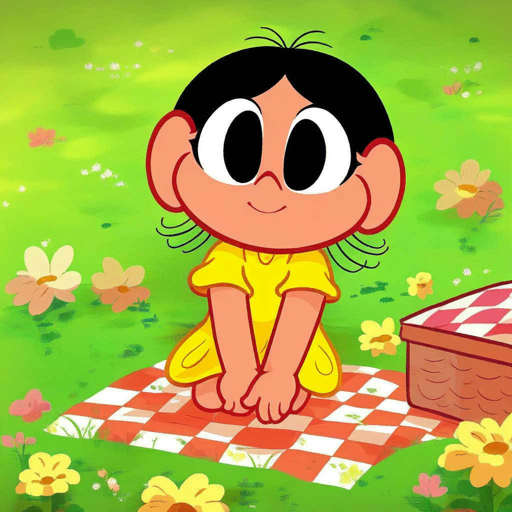 score_9, solo, magali, black hair, yellow dress, black eyes, cute, picnic, grass, flowers, natural lighting