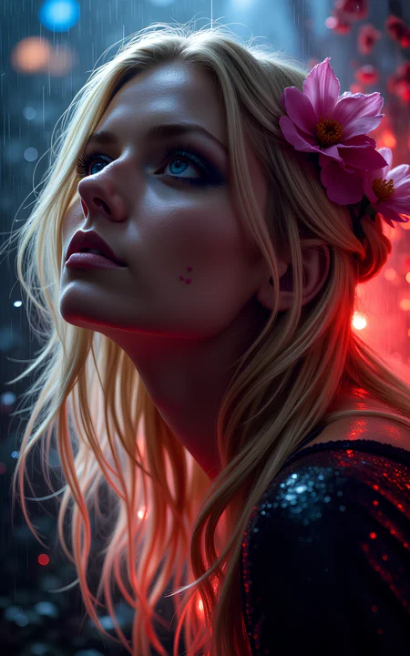 Blonde Hair. Upper body photo. 1Female. Volumetric lighting, vibrant colors, abstract environment, cute, eyelashes, surreal, pretty girl, vivid colors, looking longingly, seductive, (head tilted up), extreme pleasure, fantastic, gothic, glowing, rain, wet, stars, close up, leaning forward, fairy, wings, fairy wings, tribal body paint, flowers. Highly detailed beautiful expressive eyes. Photorealistic, Natural atmospheric lighting, intricate details, 35mm photograph, film, professional, 4k visuals, highly detailed, elegant, studio quality.