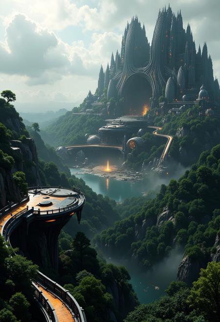 The image is a highly detailed CGI rendering of a futuristic, sci-fi cityscape set in a lush, misty valley. The central focus is a massive, imposing structure resembling a stylized, inverted V-shaped spaceship or cathedral, with two symmetrical wings stretching outward. This structure, bathed in a warm, ethereal light from the sky above, stands atop a hill overlooking a serene lake. The building's façade is a blend of modern and futuristic architectural elements, featuring intricate, metallic lattice patterns and glowing windows. The structure's design is sleek and aerodynamic, with a large central archway and smaller, secondary archways on either side, all radiating a sense of grandeur and technological sophistication. The structure's surface reflects the natural surroundings, suggesting a harmonious integration of nature and technology. In the foreground, a winding, elevated walkway lined with lush, verdant foliage and dotted with small figures, likely humans, suggests a bustling, futuristic cityscape.