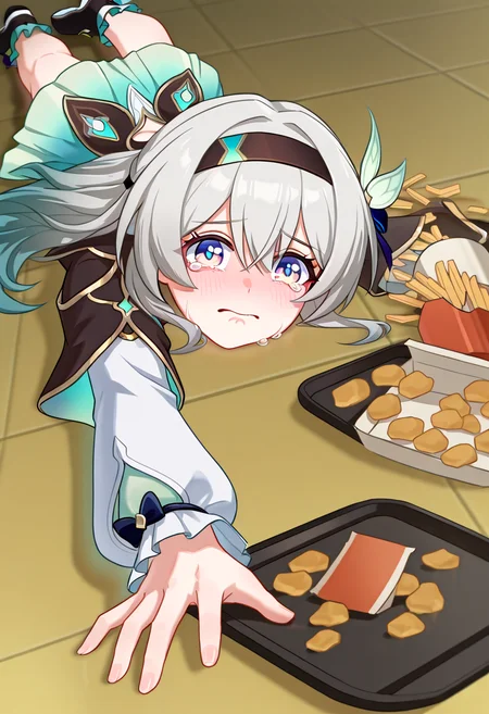 (masterpiece, high quality, amazing detail), highres, apu spills his tendies (meme), firefly \\(honkai: star rail\\), 1girl, solo, looking at viewer, blush, lying, food, tears, crying, on stomach, tray, tearing up, french fries, tripping, fallen down  <lora:apu_spills_his_tendies_meme:1>