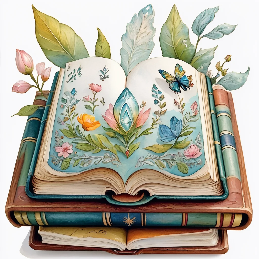 Score_9, score_8_up, score_7_up, score_6_up, BREAK <lora:Soft_Verdant_WatercolorPony:1> ArsMJStyle, Soft Verdant Watercolor, The image shows an open book with a painting of a butterfly and flowers on it set against a white background., no humans, flower, book, white background, traditional media, leaf, wings, open book, simple background, crystal