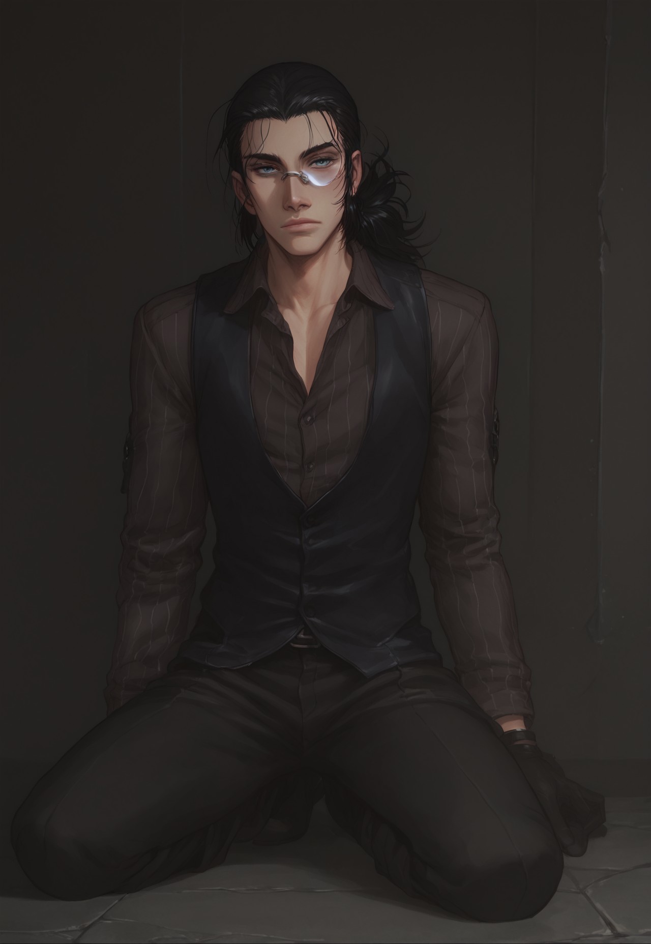 score_9, score_8_up, score_7_up, 1 boy, solo, DarkWalter, blue eyes, black hair, ponytail, full body, looking at viewer