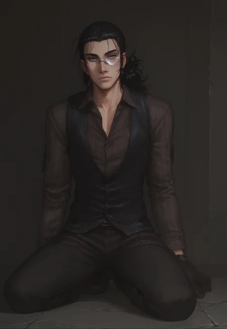 score_9, score_8_up, score_7_up, 1 boy, solo, DarkWalter, blue eyes, black hair, ponytail, full body, looking at viewer