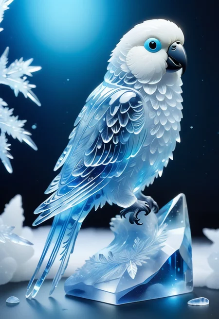 a pretty white bird parakeet  made from Jed-Blmicry, masterpiece, full of details,  <lora:BioIceCrystalStyle-000006:0.7>,