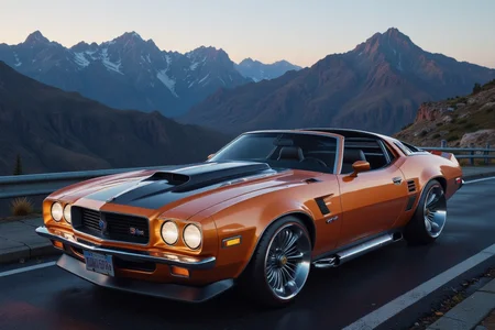 photo masterpiece, realistic, modified futuristic like a new ford mustang, convertible, tuned, shiny, impressive, on a mountain road above cluds, 8bit