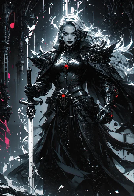 (score_9, score_8_up, score_7_up, thick lineart, sharp edges, cel shading, linear hatching, black and white comic-noir aesthetics, film noir atmosphere, high contrast, duotone, neon glitch art crimson and obsidian black), 
<lora:unholy:1>