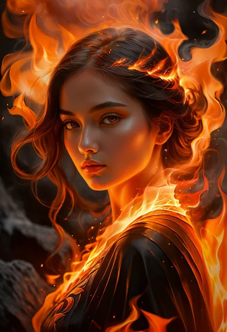 abstract beauty, approaching perfection, dynamic, highly detailed, digital painting, art station, concept art, smooth, sharp focus, illustration, good shadows, dim lit, devoid of color, orange red yellow and black colors, low light, backlight, hidden, obscured, masterpiece, best quality, intricate detailed, hyperrealistic, burning stunning beautiful fit woman, goddess of fire, in flames, ((fire element, composed of fire elements)), full body shot, in front of a volcano, witch, magical