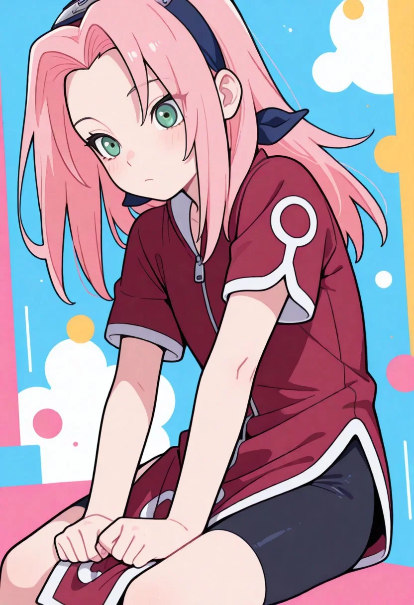 Colorful themes, High Saturation, haiz_ai, orenji,
<lora:ponyv6_noobE11_2_adamW-000017:0.9> <lora:MeMaXL4:0.3> <lora:veluflora-wai:0.35> <lora:haiz_ai_illu:0.7>,
masterpiece, best quality, newest, Smooth, very awa, very aesthetic, flat colors,
flatchest, small, fragile, youthful, petite, solo, cute, kawaii, fair skin, 1girl, haruno sakura, pink hair, long hair, green eyes,
red shirt, red qipao ,zipper, short sleeves, bike shorts,
nsfw,