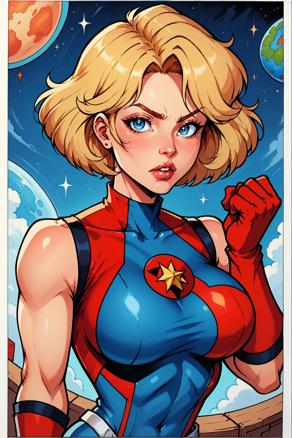comistylepdxl, 1girl, blonde hair, blue eyes, solo, breasts, gloves, space, planet, two tone bodysuit, red bodysuit, blue bodysuit, bodysuit, looking at viewer, clenched hand, short hair, earth (planet), red gloves, lips, large breasts, PnyCmicXLPOS, ErthIllustPDXL_POS, <lora:ComicsV3PDXL:1>