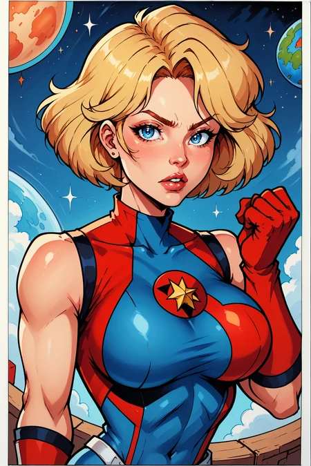 comistylepdxl, 1girl, blonde hair, blue eyes, solo, breasts, gloves, space, planet, two tone bodysuit, red bodysuit, blue bodysuit, bodysuit, looking at viewer, clenched hand, short hair, earth (planet), red gloves, lips, large breasts,  PnyCmicXLPOS, ErthIllustPDXL_POS, <lora:ComicsV3PDXL:1>