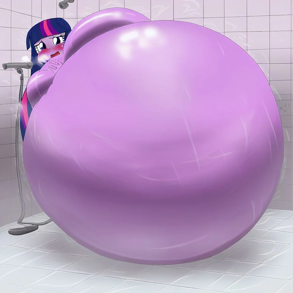 belly size bigger than main body)), (gigantic belly:2.0), goddess, shower, bathroom, cute, nervous, shy, heavy breathing, in heat, open mouth, aroused, hands on belly, hose leading into butt from air pump on ground, huge Belly press on mirror, Twilight Sparkle, Equestria Girls
