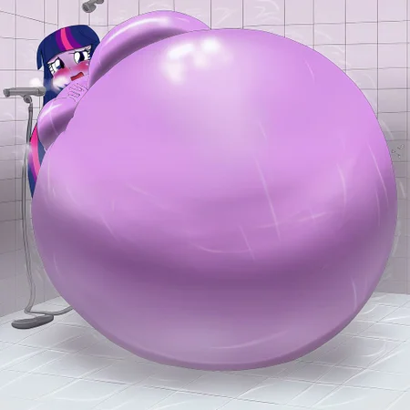 belly size bigger than main body)), (gigantic belly:2.0), goddess, shower, bathroom, cute, nervous, shy, heavy breathing, in heat, open mouth, aroused, hands on belly, hose leading into butt from air pump on ground, huge Belly press on mirror, Twilight Sparkle, Equestria Girls