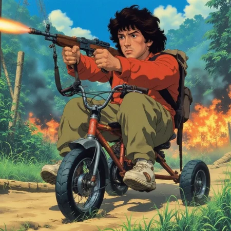 score_9, score_8_up, score_9_up, anime style, rambo, Satllone as Rambo rides a tricycle, red tricycle, small trycicle, shooting a machine gun, machine gun, outdoor, in the jungle, jungle in the background, explosions in the background, war
