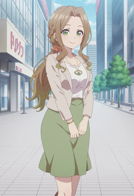 anime screencap, anime coloring,anime, best quality, 4k,
1girl, solo, keika k, hair scrunchie, necklace, white shirt, grey jacket, long sleeve jacket, green skirt, brown high heels,<lora:illustriousXL Keika Kiyotaki V1:1>
outdoors, mall, city,
looking at viewer, smile