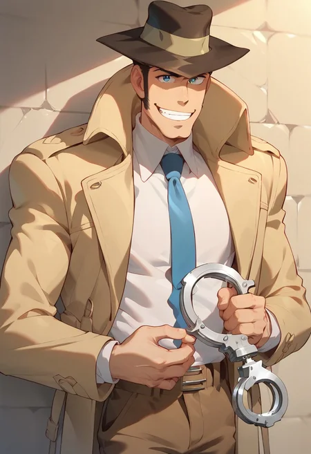 score_9, score_8_up, score_7_up, score_6_up, Expressiveh, male focus, solo, zenigata, hat, blue necktie, brown pants, trench coat, sideburns, hold handcuffs, smile