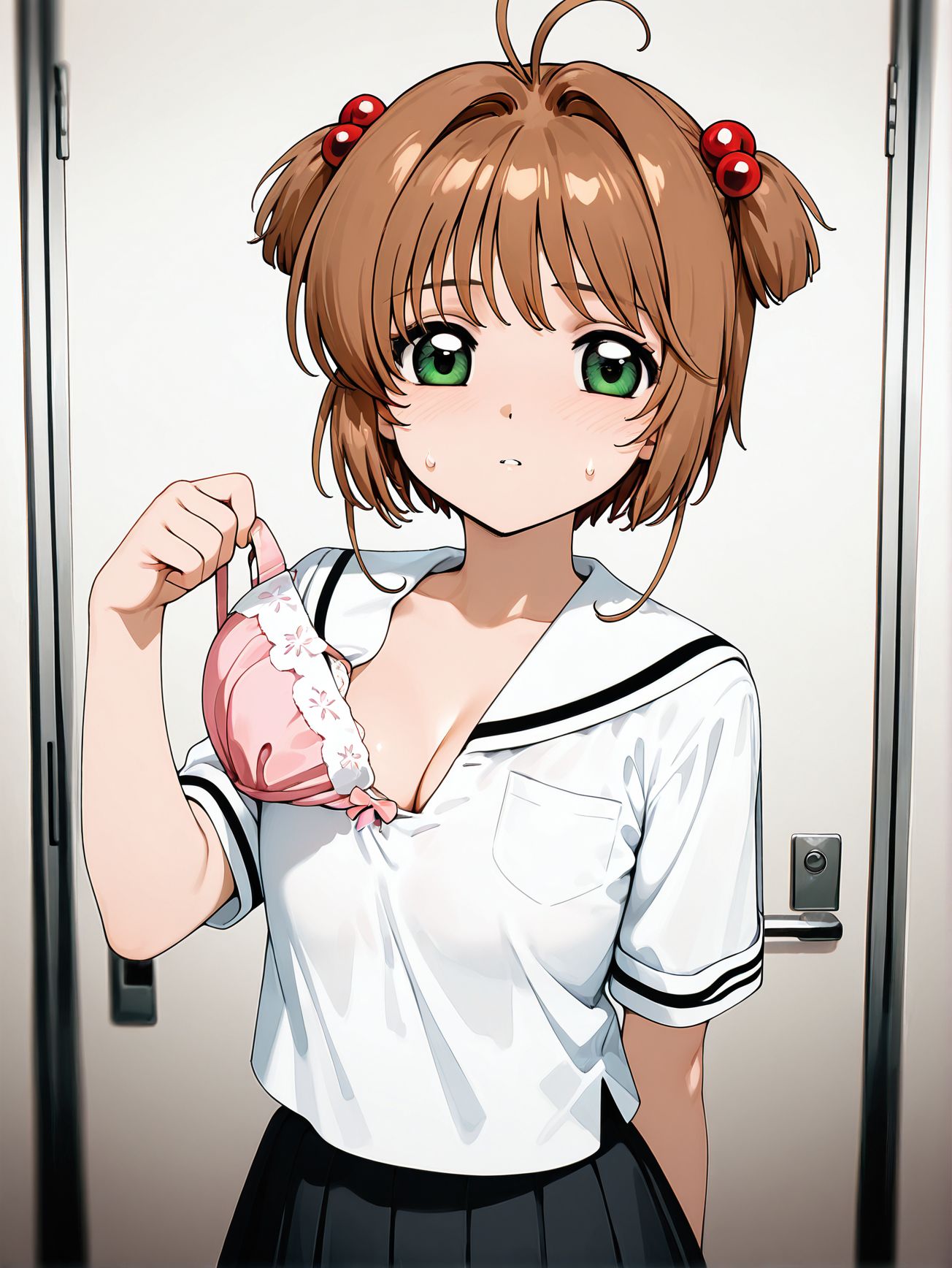 masterpiece, best quality, newest, absurdres, highres, detailed eyes, beautiful, detailed background, perfect eyes, anime coloring, anime screencap,
<lora:removing_bra_under_shirt:1>Taking_off_brav1,
1girl,breasts,
underwear,bra,solo,
taking off bra,
removing bra,
pulling off bra,
standing, 
BREAK
sweatdrop, school uniform, cleavage, 
Kinomoto Sakura , 
cardcaptor sakura, 
official art,