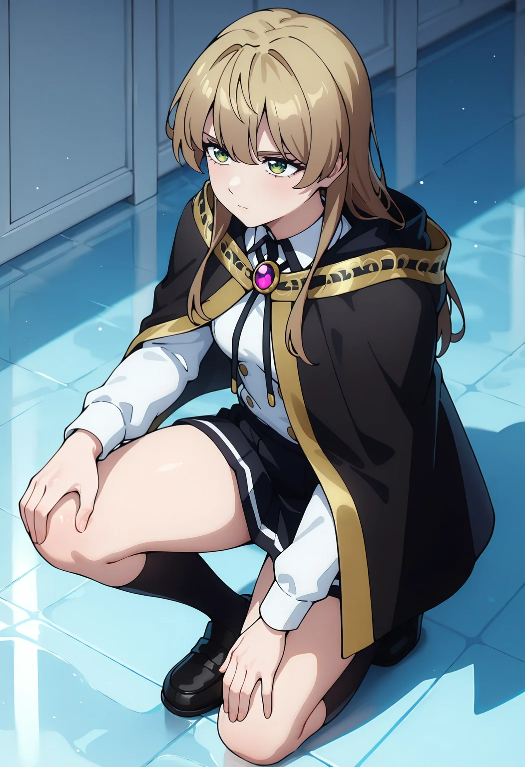 best quality, amazing quality, perfect quality, high quality, masterpiece, absolutely eye-catching BREAK
<lora:Wistoria_Wand_and_Sword_-_Iris_X_Stellamaris:1> WistoriaIris, green eyes, brown hair, long hair, double-parted bangs, hair down, small breasts BREAK
black hooded cloak, hood down, brooch, white shirt, long sleeves, black pleated skirt, black kneehighs, black loafers BREAK
indoors, crystal floor, ice floor, white walls, light particles BREAK
1girl, solo, on one knee, hand on own knee, looking afar, serious, expressionless, from above, full body