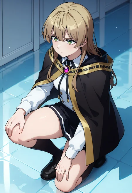 best quality, amazing quality, perfect quality, high quality, masterpiece, absolutely eye-catching BREAK
<lora:Wistoria_Wand_and_Sword_-_Iris_X_Stellamaris:1> WistoriaIris, green eyes, brown hair, long hair, double-parted bangs, hair down, small breasts BREAK
black hooded cloak, hood down, brooch, white shirt, long sleeves, black pleated skirt, black kneehighs, black loafers BREAK
indoors, crystal floor, ice floor, white walls, light particles BREAK
1girl, solo, on one knee, hand on own knee, looking afar, serious, expressionless, from above, full body