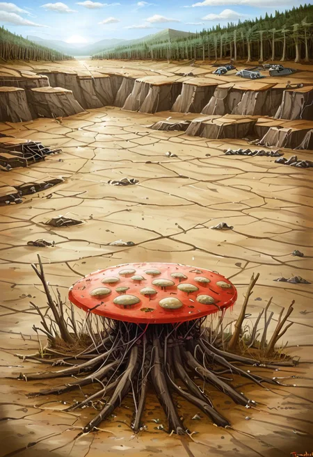 picturesque lake surrounded by a forest but is in a polluted dystopian landscape, in the foreground there is lake sign with the text" Croeso y llyn gellynoth. Oes yn y cont Iwan dewch"text:" <lora:text:.8>, human fecal matter on floor, wasteland, <lora:falloutlandsdxl:0.8>, falloutlandsdxl, landscape, best quality, masterpiece, ruined city, nuclear explosion, mushroom cloud