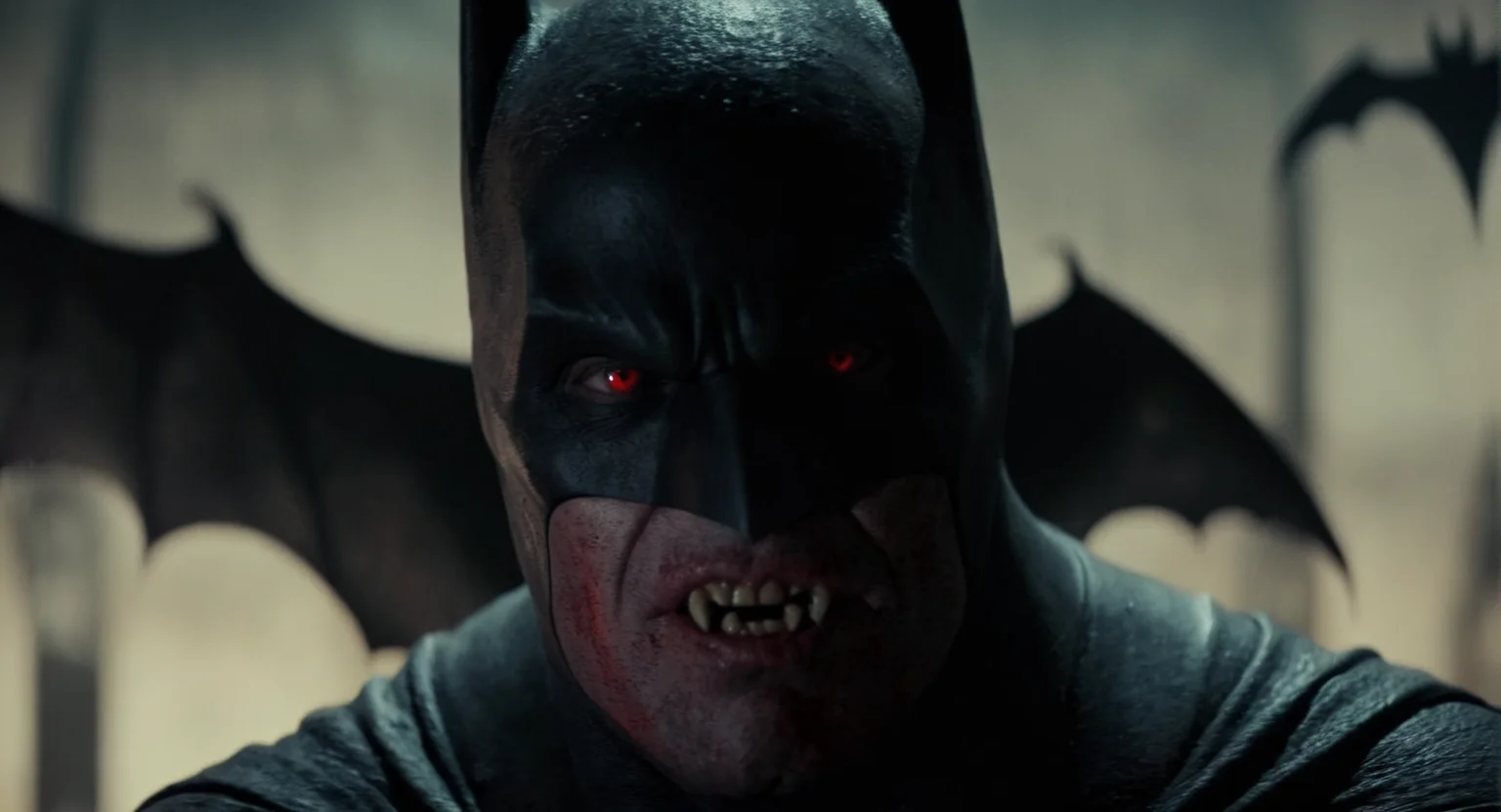 cinematic film still of Cinematic Film stock footage in (arri alexa style) Kodak film print, <lora:Batman Vampire:1> <lora:Vampire-000003:1> Batman Vampire a painting of a demonic looking man with a bat and vampire fangs, shallow depth of field, vignette, highly detailed, high budget, bokeh, cinemascope, moody, epic, gorgeous, film grain, grainy