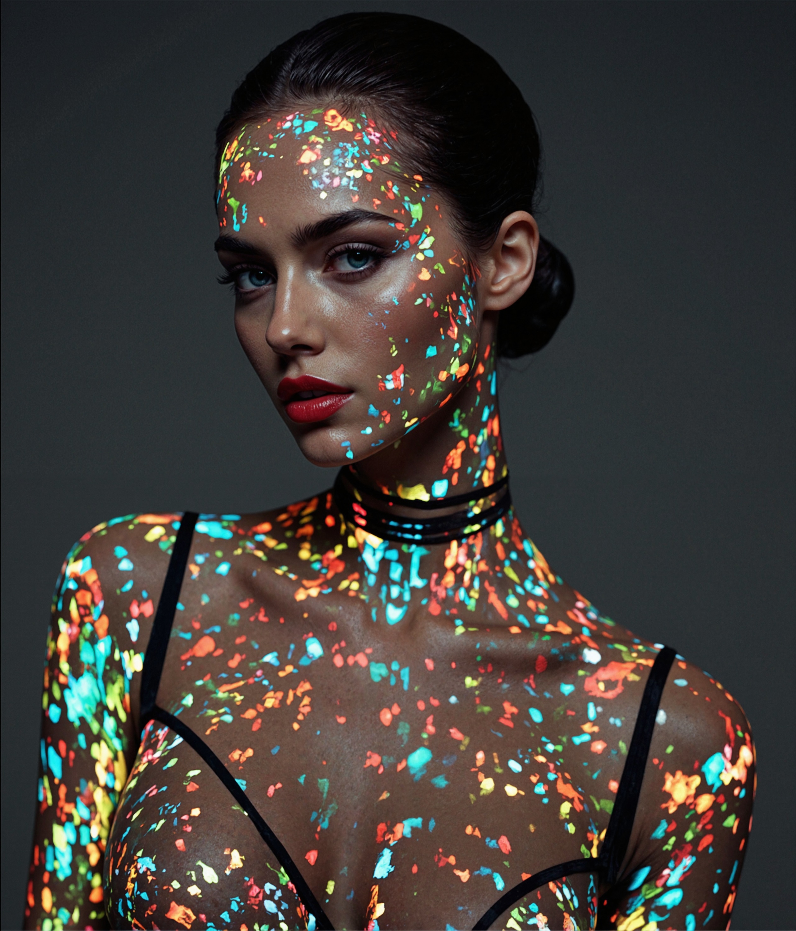 This striking portrait photograph showcases an artistic blend of digital projection and beauty photography. The image features a model against a dark background, with vibrant, multicolored light patterns projected onto their face and upper body, creating a mesmerizing digital landscape across their features. The lighting technique uses what appears to be a pixel-like or LED matrix pattern, particularly prominent on the face, where it creates a mosaic of colors including bright oranges, purples, blues, greens, and yellows. The projection is precisely mapped to the contours of the face, giving a three-dimensional quality to the digital overlay. This creates an effect reminiscent of high-tech digital mapping or futuristic interface designs. The model's makeup is expertly executed, with particular emphasis on the lips, which are painted in a deep red shade that stands out dramatically against the projected lights. Their eyes are intensely blue and appear to pierce through the digital overlay, creating a powerful focal point in the composition. The eye makeup enhances this effect, with what appears to be perfectly applied eyeliner and possibly false lashes that add drama to the gaze. The model's hair is pulled back sleekly, allowing the light projection to take center stage on their facial features without any obstruction. The skin appears flawless, serving as a perfect canvas for the light show while still maintaining visible human texture beneath the projection. On the right side of the image, there's a cascade of bokeh-like light effects, creating a vertical band of defocused colored lights that adds depth and atmosphere to the composition. These lights appear more scattered and organic compared to the precise grid pattern on the face. The neck and shoulder area transitions into a darker space where the projection becomes more scattered and sporadic, with small points of colored light appearing like stars or digital particles against the black background. This creates a beautiful gradual fade from the intense facial mapping to a more sparse, constellation-like pattern below. The technical execution of the photograph is impeccable, with sharp focus on the key facial features while maintaining the vibrant intensity of the projected lights. The contrast between the dark background and the brilliant colors creates a dramatic effect that draws the viewer's attention immediately to the face. The overall composition suggests themes of technology meeting humanity, digital transformation, and the intersection of organic and synthetic elements. It could be interpreted as a commentary on digital identity, technological integration with human existence, or simply appreciated as a stunning piece of creative portrait photography. The image has a distinctly cyberpunk or futuristic aesthetic, yet maintains a high-fashion quality through the model's poised expression and the professional execution of hair and makeup. The color palette is comprehensive but harmonious, with each hue contributing to a cohesive whole rather than competing for attention. The final result is a powerful fusion of traditional portrait photography with modern digital art techniques, creating an image that feels both contemporary and futuristic. It's a perfect example of how technology can be used to enhance rather than obscure human beauty, creating something that is simultaneously artificial and deeply human.