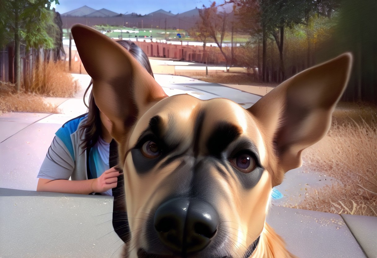 masterpiece, best quality, newest, absurdres, highres, realistic,  Dog-Photo-Bomb-IL-V1.0, dog, animal, animal Focus, photo inset,  photo background, blurry background, 1boy