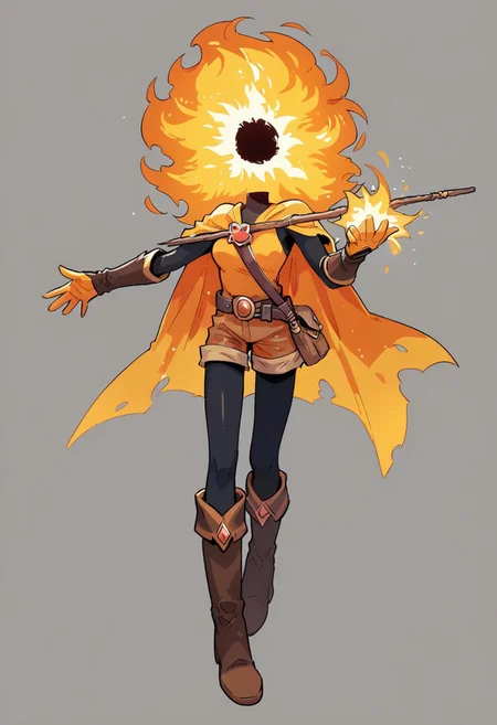 score_9, score_8_up, score_7_up,
lord_of_frenzy, fire head,
holding magic spear,
novakin, faceless, no eyes, no mouth, no nose, no facial features, short fiery yellow orange hair, body made of black plasma,
magical girl outfit, steampunk dress, boots, brown shorts, black tights, medium breasts, belt,
simple background, grey background,
in yoshidanatsumi artstyle