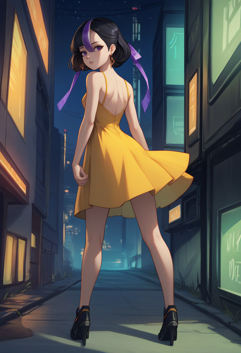 score_9, score_8_up, score_7_up, source_anime BREAK 1girl, solo, standing, <lora:syuen-nikke-richy-v1_pdxl:1> syuen, purple eyes, black hair, streaked hair, short hair, bangs, hair ribbon, earrings, from behind, yellow sundress, outdoors, science fiction,  night, dark, darkness, night sky, looking back, looking at viewer, parted lips, long legs
