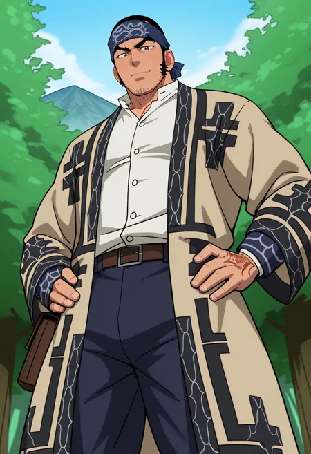 score_9, score_8_up, score_7_up, score_6_up, perfect anatomy, perfect proportions, best quality, masterpiece, high_resolution, high quality, highres, bara, (1boy, solo focus, solo:1.2), mature, masculine, manly, hunk, virile, handsome, charming, alluring, source_anime, anime coloring, Genjirou Tanigaki, GKGenjirou, black hair, short hair, buzzcut, dark brown eyes, thick eyebrows, long sideburns, facial hair, chinstrap stubble, jawline stubble, Genjirou_outfit05, white tunic collar shirt, Ainu robe, Attush robe, open robe, open clothes, Ainu pattern, blue Ainu headband, Matanpushi, dark blue straight trousers, belt pouch, white puttees, outdoor, nature, mountain, standing, hands aside hips, cowboy shot, upper body, low angle, from below, gorgeous