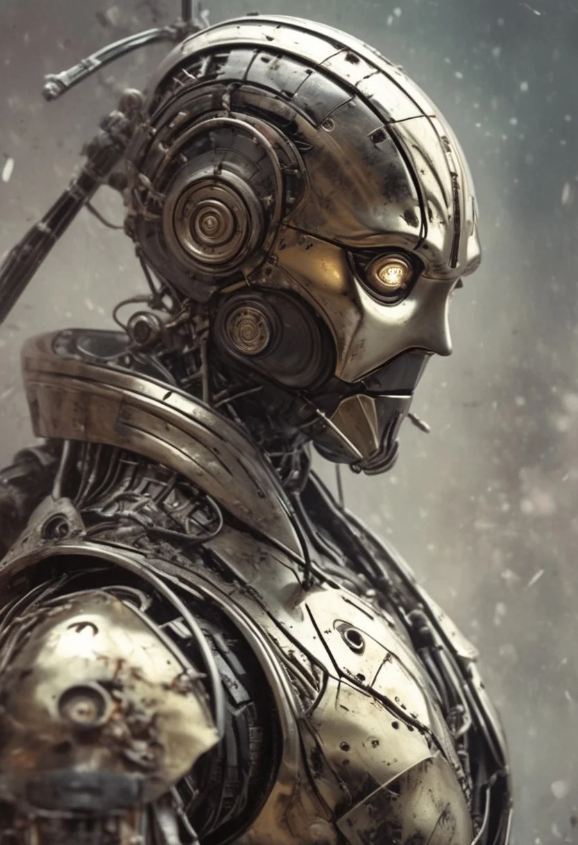 Create a extrahart, brave perspective, mystical, and high-resolution image of an busty female anthropomorphic a humanoid robot with intricate mechanical components named c3po resembling a wu-tang Clan member with outworn translucent white linen cape. The character should be depicted in a manga cover style with wealthy portraiture and poster art elements. The image should feature rich colors and high contrast, focusing on the best quality, official art, and a beautiful and aesthetic appearance. Include fractal art elements and a colorful background with a splash of color. Use a movie perspective and an advertising style, similar to a magazine cover. C3po samurai should be shown solo, wearing Japanese clothes and armor, holding a sheathed katana, and standing in a cowboy shot pose. The robot should have neon green and yellow hip-hop clothes, tattoos, muscular abs, shoulder armor, and a metallic blue flowers in the background. Emphasize a samurai theme with a red background and starwars elements.