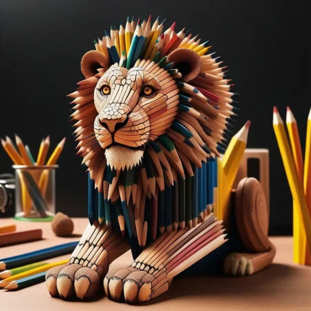 cute lion made out of pencils, office like savannah landscape, Pencil_morph_style