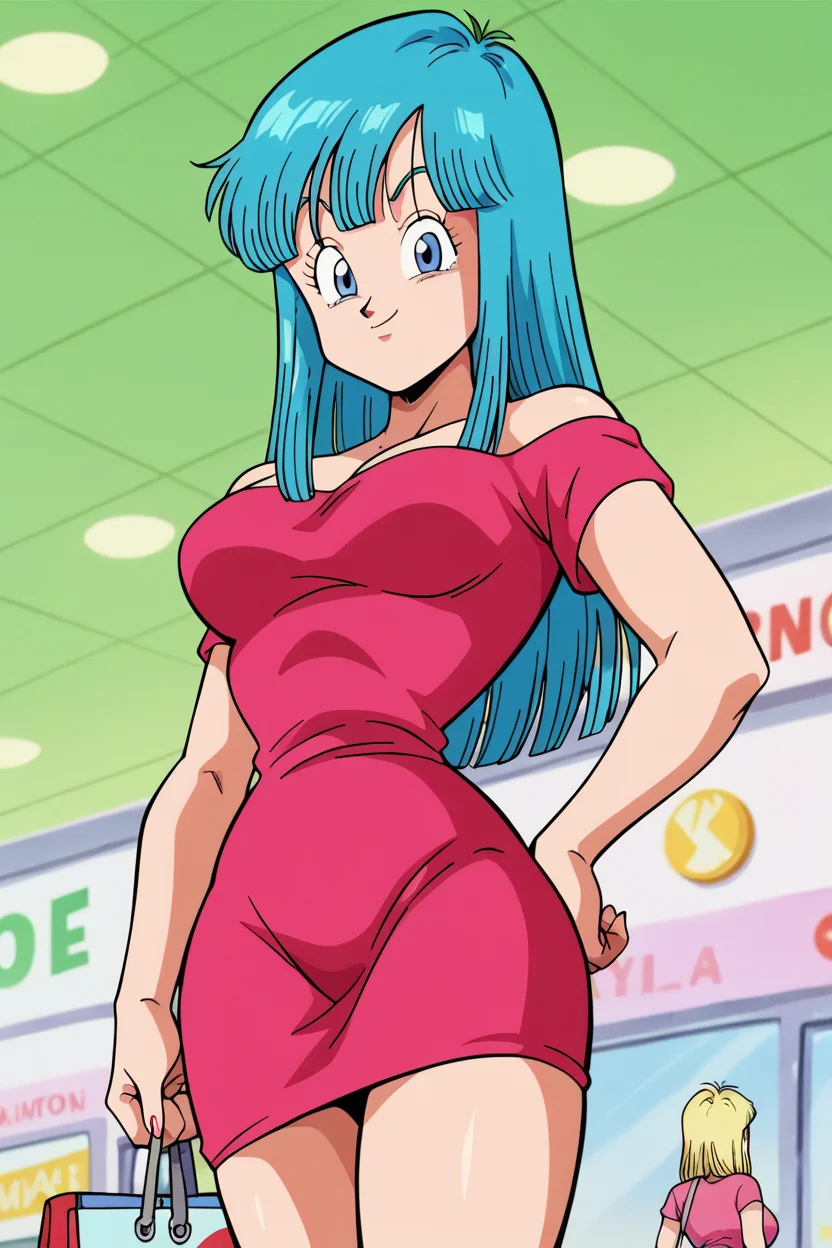 score_9, score_8_up, score_7_up, score_6_up, score_5_up,score_4_up BREAK retro artstyle, maron, 1girl,solo, cowboy shot, aqua hair, blue eyes, bangs, long hair,pink short dress, off shoulder, short sleeves, mall, shopping center,indoors,ceiling light,contrapposto,looking at viewer,hand on own hip,holding shopping bag,smug, from below <lora:MaronPony:1>
