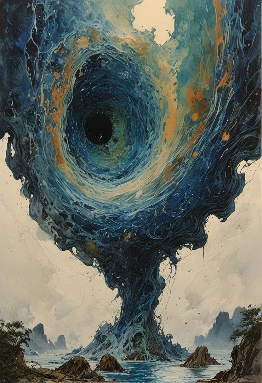 The composition includes overlapping circles, sharp-edged polygons, and fluid lines, all interwoven to create a sense of rhythm and flow. The sky above ripples like water, distorting the sense of up and down. In this bizarre landscape, one altered element can send the entire scene careening into chaos.