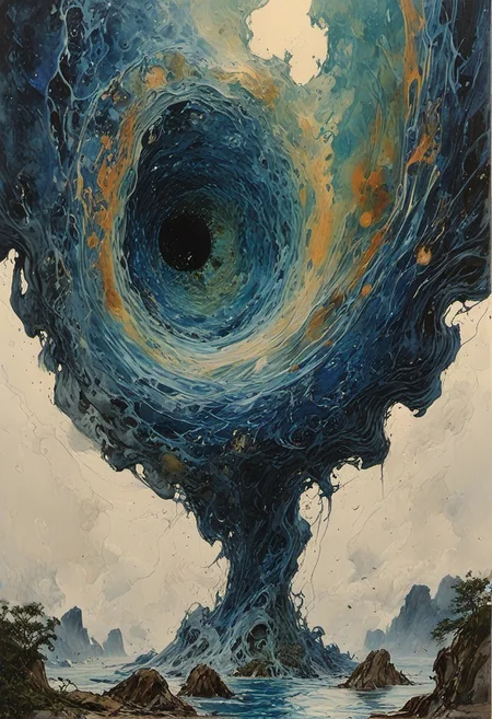 The composition includes overlapping circles, sharp-edged polygons, and fluid lines, all interwoven to create a sense of rhythm and flow. The sky above ripples like water, distorting the sense of up and down. In this bizarre landscape, one altered element can send the entire scene careening into chaos.