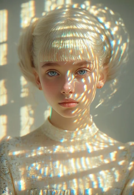 young girl, Velvia, Realism, graphic print, surreal, klimt, Breakcore, Sunlight, Reflected light, Berlin Secession, delicate, Hellenistic hair styled as French crop, Zentangle, anaglyph effect, elegant dress, face portrait