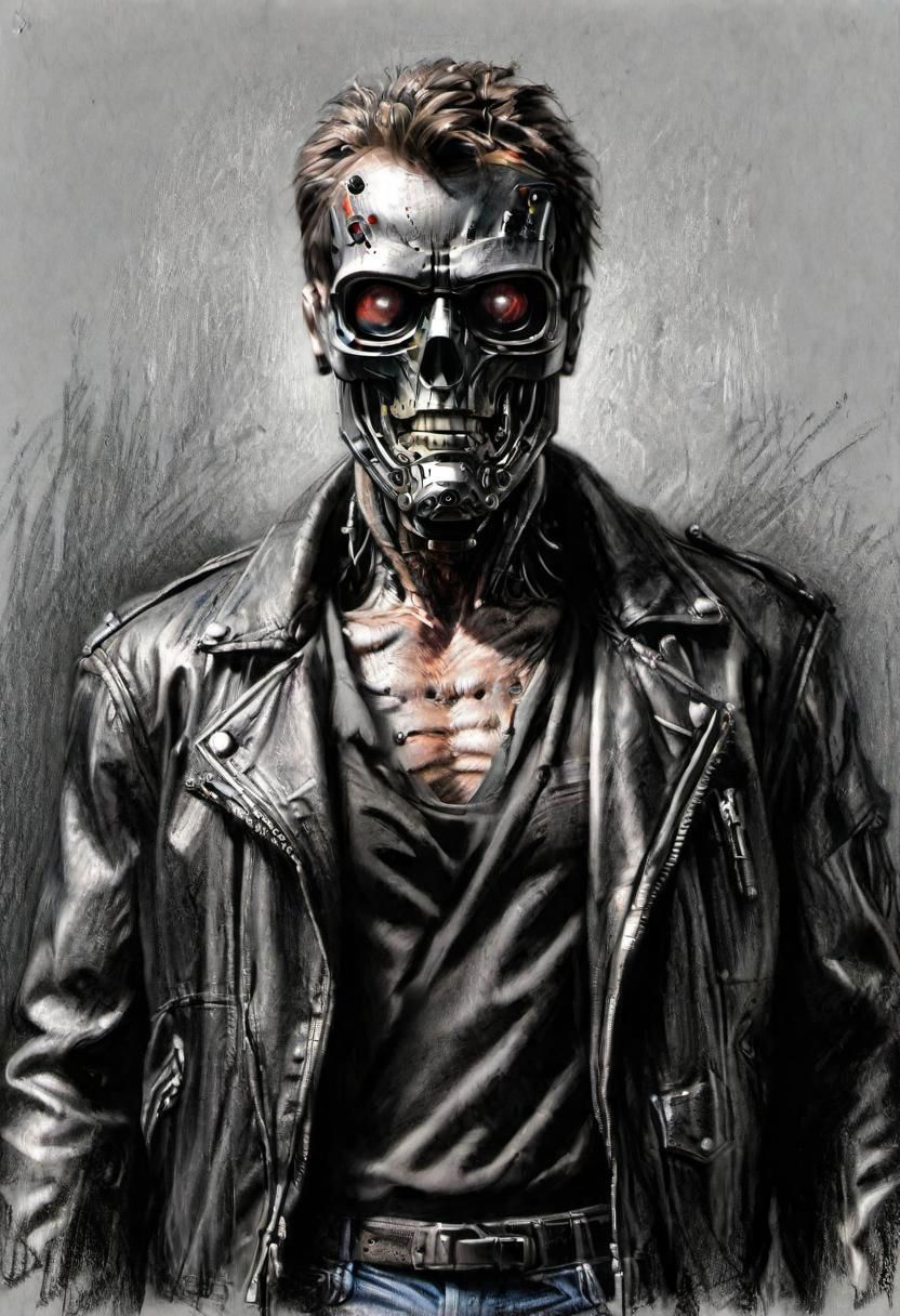 (masterpiece), 
A terminator in a leather jacket,
((upper body))
HDR, highly detailed, 32k, 
looking at viewer,