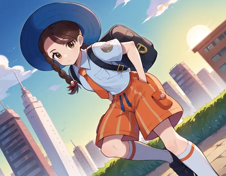 score_9, score_8_up, score_7_up, source_anime,
pokemonjuliana, <lora:pokemon-juliana-ponyxl-lora-nochekaiser:1>
pokemonjuliana, braid, brown eyes, brown hair, hair ornament, hairclip, side braid, single braid, swept bangs,
backpack, bag, black footwear, blue headwear, blue shirt, breast pocket, collared shirt, hat, kneehighs, naranja academy school uniform, necktie, orange necktie, orange shorts, pocket, school uniform, shirt, shoes, short sleeves, shorts, socks, striped, striped shorts, sun hat, white socks,
outdoors, cityscape, bent over,
looking at viewer, cowboy shot, dutch angle,